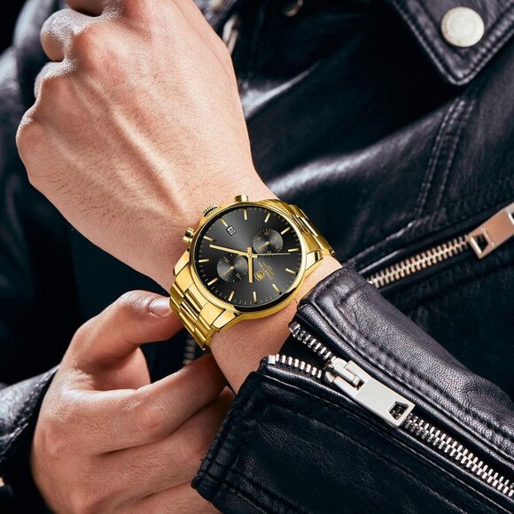 GOLDEN HOUR Men's Gold Black Stainless Steel Chronograph Quartz Watch Waterproof - Picture 7 of 7